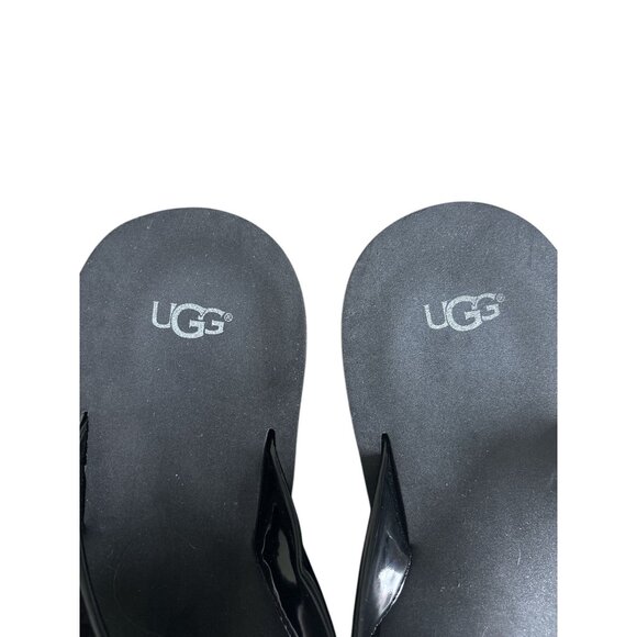 Ugg Womens Poppy Flip Flops Black Fur Pom-Poms Patent Finish Sz 6 Sandals - Picture 6 of 8